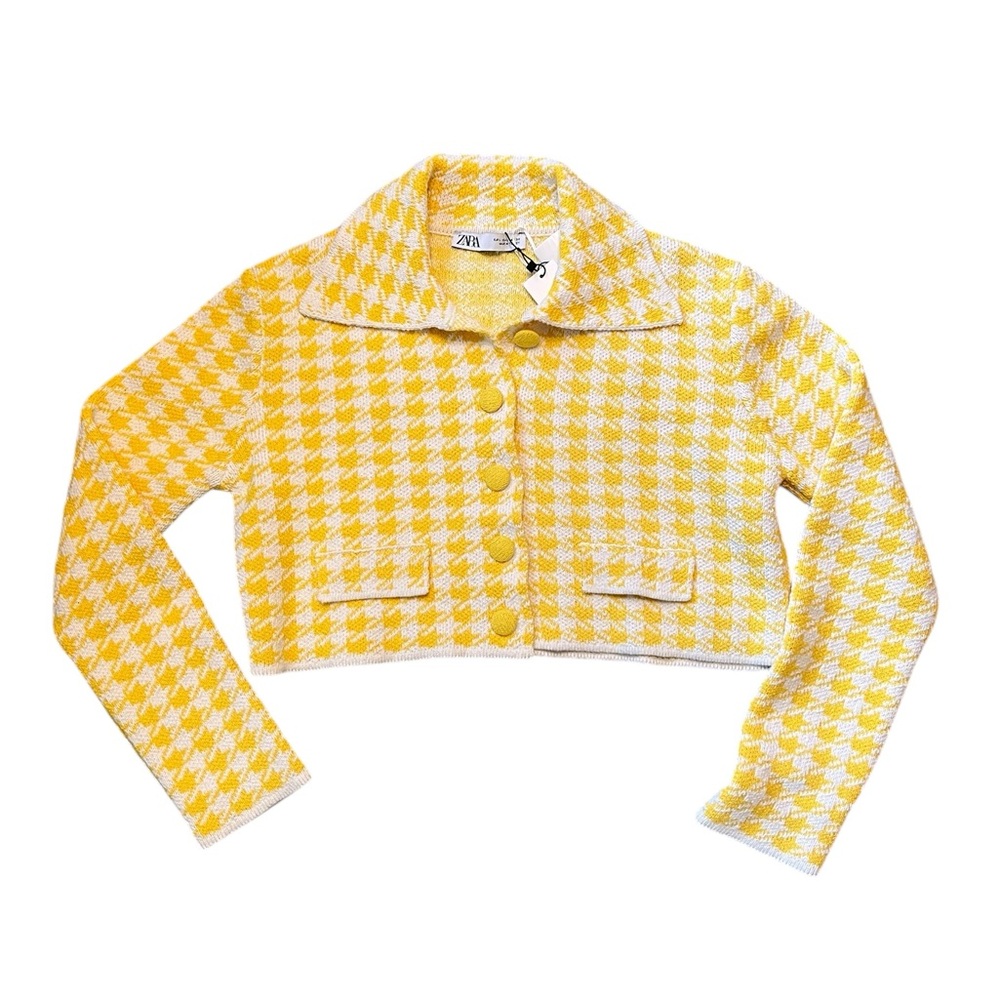 ZARA | Yellow Knit Crop Blazer in Houndstooth Pattern NWT